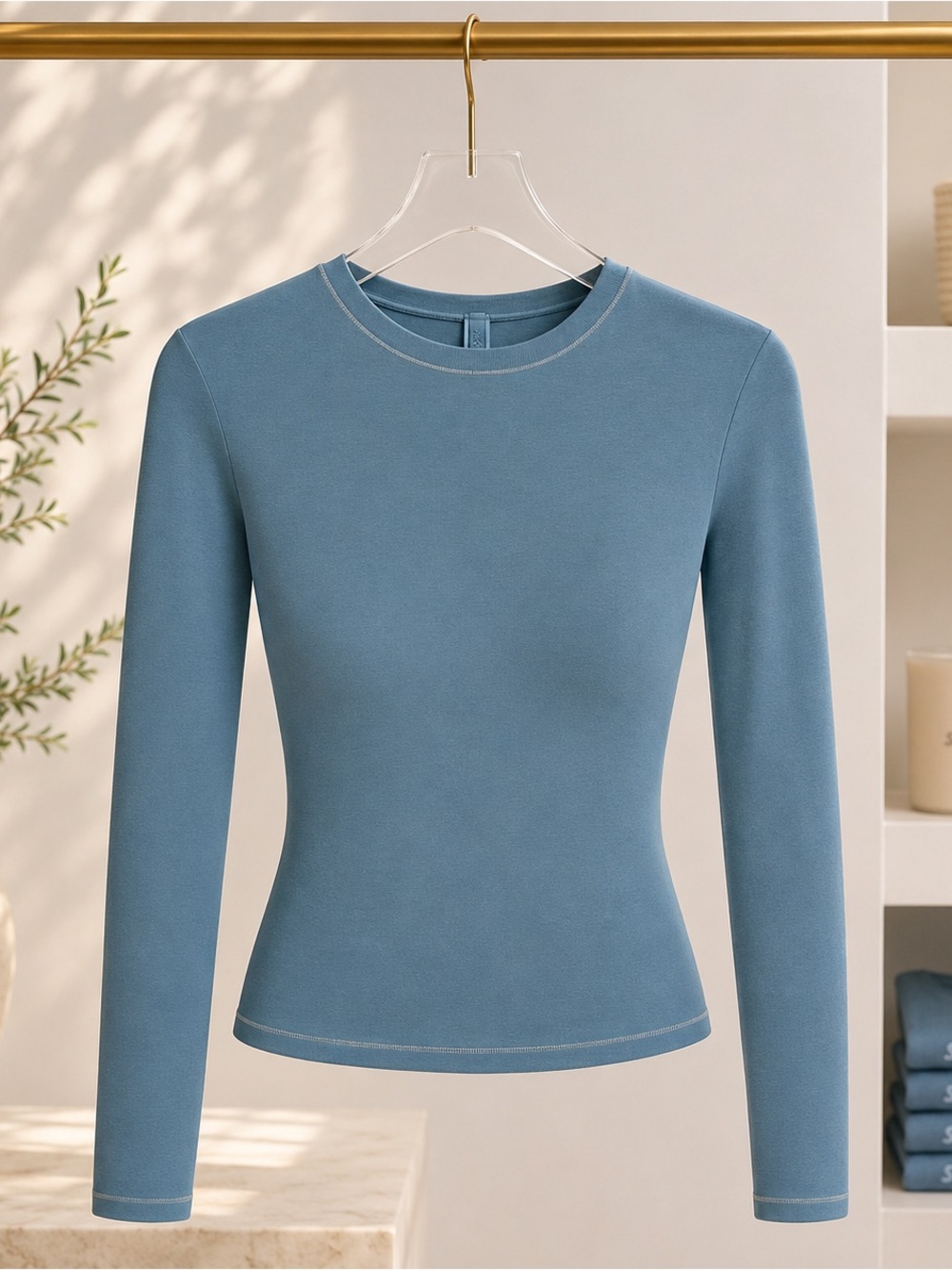 NWT SKIMS Cotton Jersey Long Sleeve T Shirt Kyanite Blue Size Small